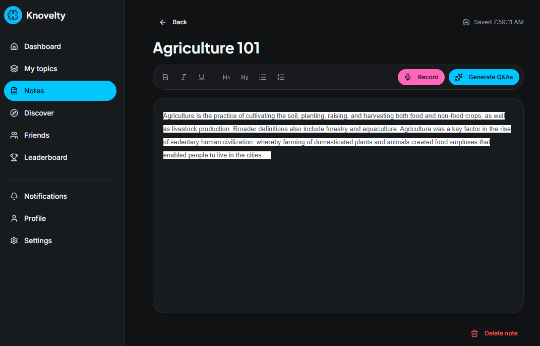 Knovelty notes editor with live dictation and Generate Q&As