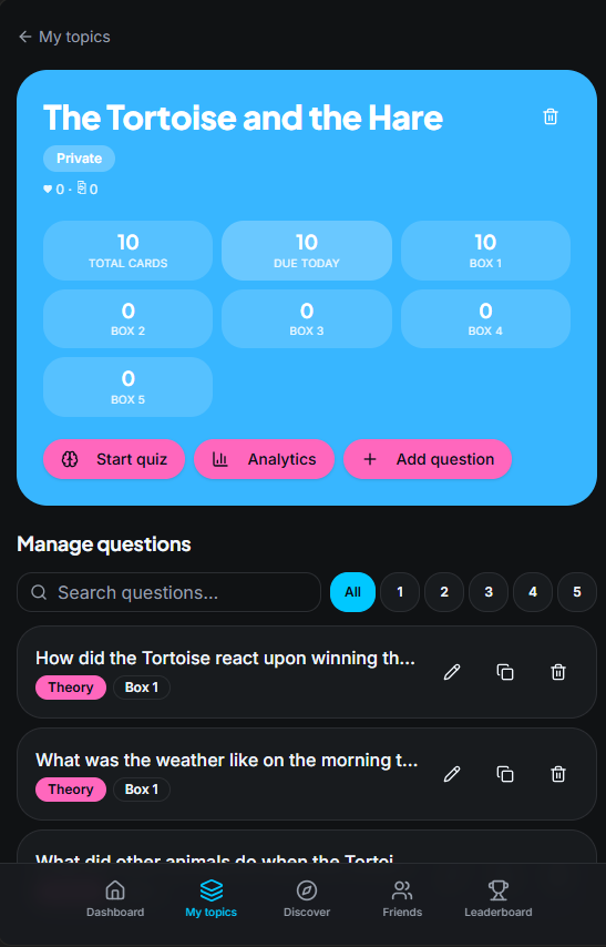 Knovelty topic detail with Leitner boxes, quiz, analytics and managed questions