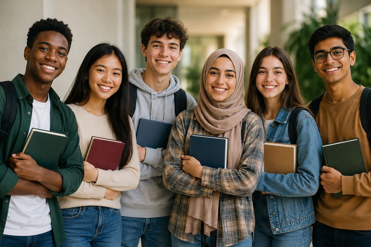 Students smiling with books, joining a Knovelty competition